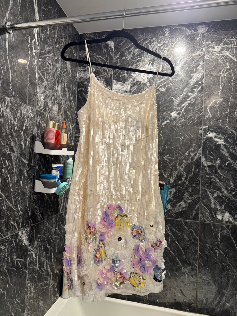 Mac Duggal Champagne Sequin Mini Dress with Pastel Floral Appliqués